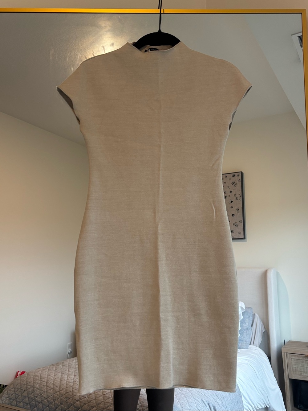 Zara Beige Knit Short-Sleeve Sheath Dress